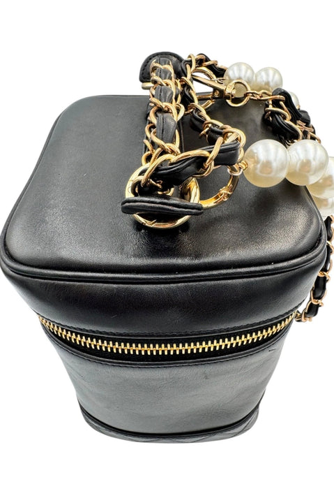 Chanel Vintage Chanel Vanity Bag Black Leather with Chain & Pearl Strap