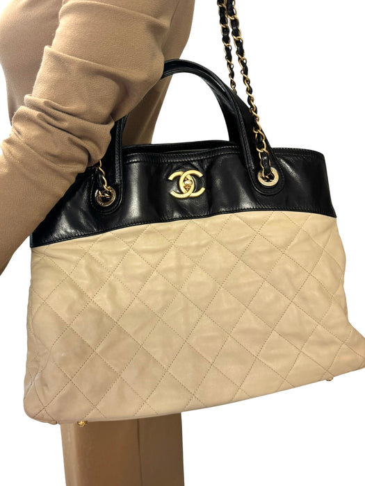 Chanel In The Mix Shopping Tote Beige & Black Quilted Leather Bag