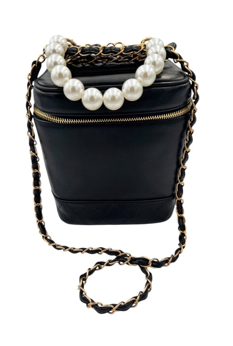 Chanel Vintage Chanel Vanity Bag Black Leather with Chain & Pearl Strap