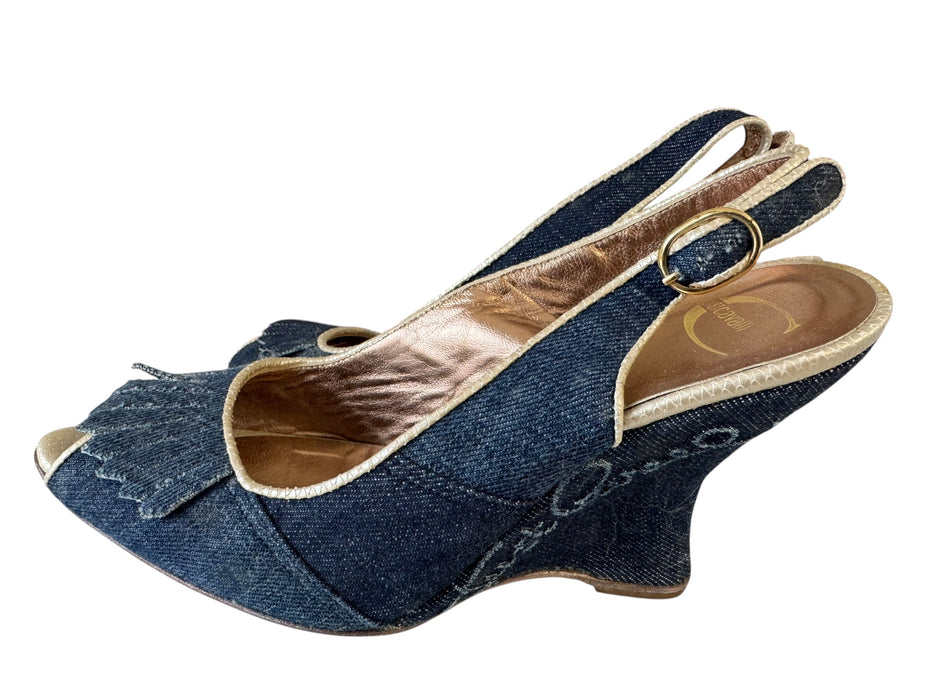 Just Cavalli peep- toe denim wedge- Size 38