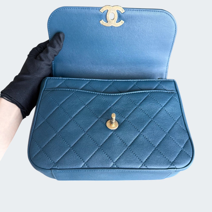 Chanel C19 flap top handle quilted lambskin GHW- Blue