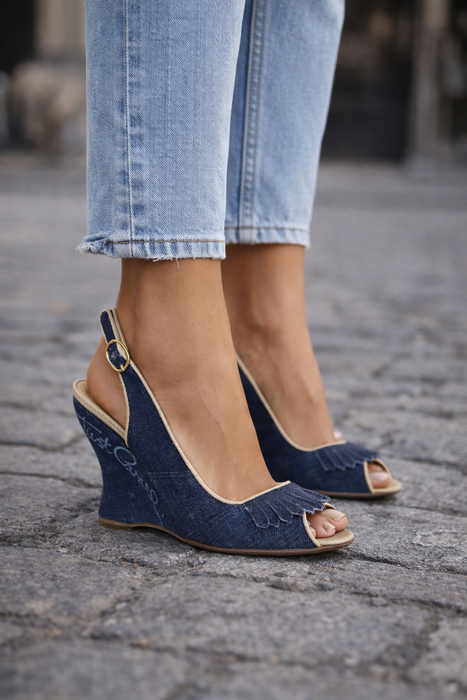 Just Cavalli peep- toe denim wedge- Size 38