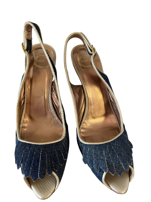Just Cavalli peep- toe denim wedge- Size 38