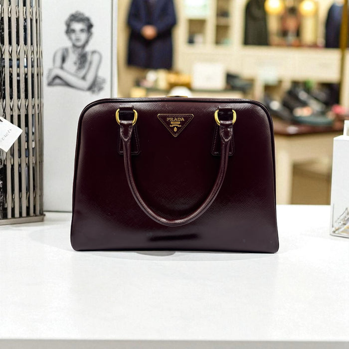 Prada Saffiano Vernice Pyramid Frame Bag- Burgundy