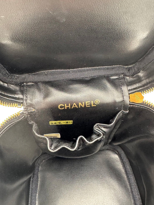 Chanel Vintage Chanel Vanity Bag Black Leather with Chain & Pearl Strap
