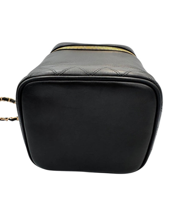 Chanel Vintage Chanel Vanity Bag Black Leather with Chain & Pearl Strap