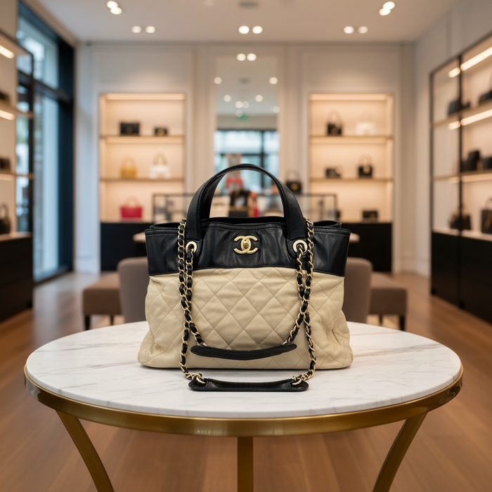 Chanel In The Mix Shopping Tote Beige & Black Quilted Leather Bag