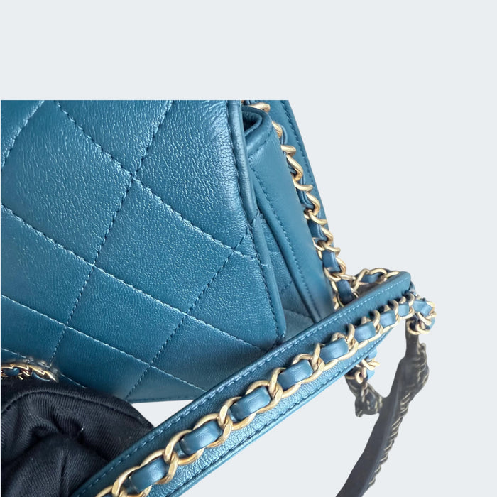 Chanel C19 flap top handle quilted lambskin GHW- Blue