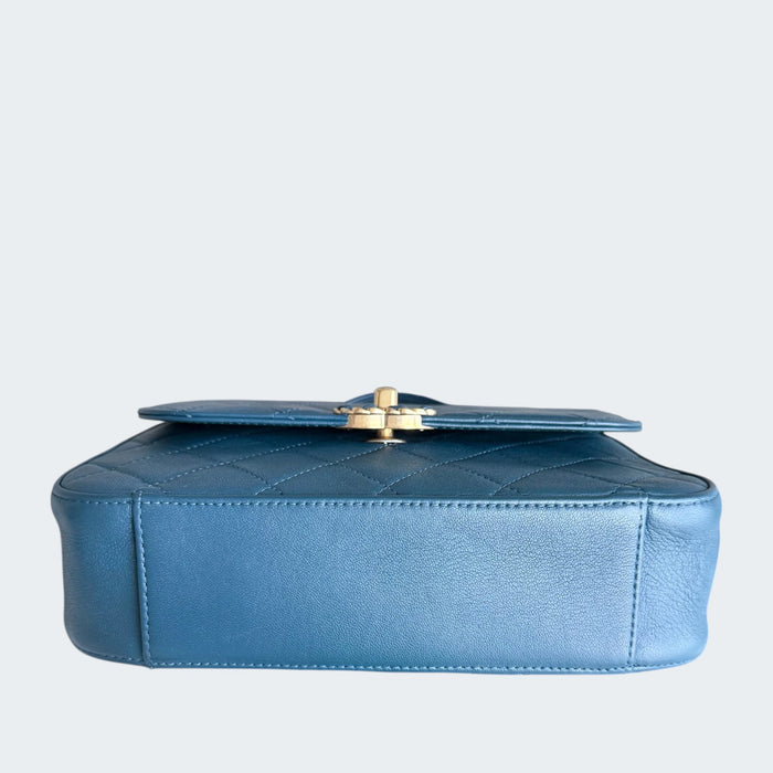 Chanel C19 flap top handle quilted lambskin GHW- Blue