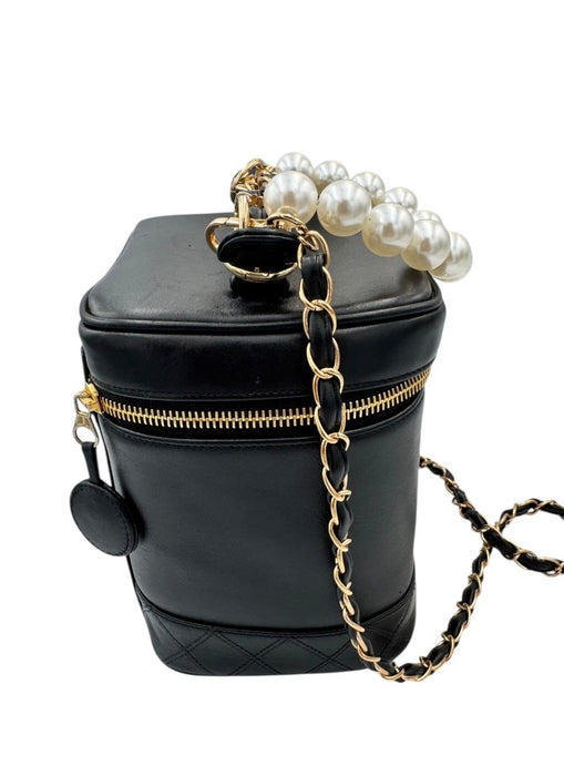 Chanel Vintage Chanel Vanity Bag Black Leather with Chain & Pearl Strap