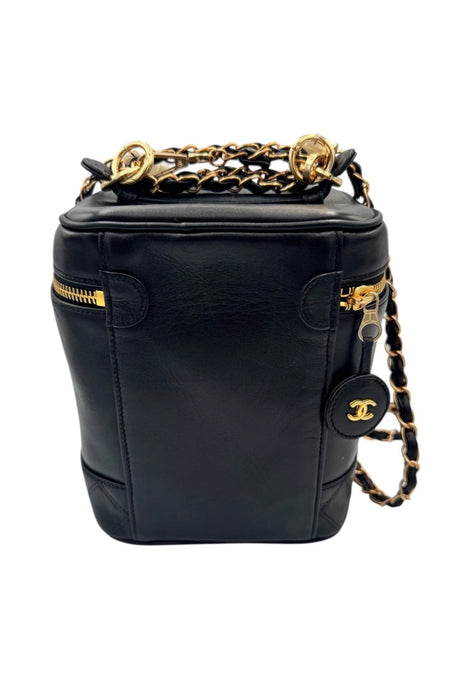 Chanel Vintage Chanel Vanity Bag Black Leather with Chain & Pearl Strap
