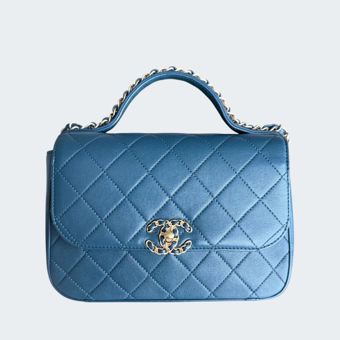 Chanel C19 flap top handle quilted lambskin GHW- Blue