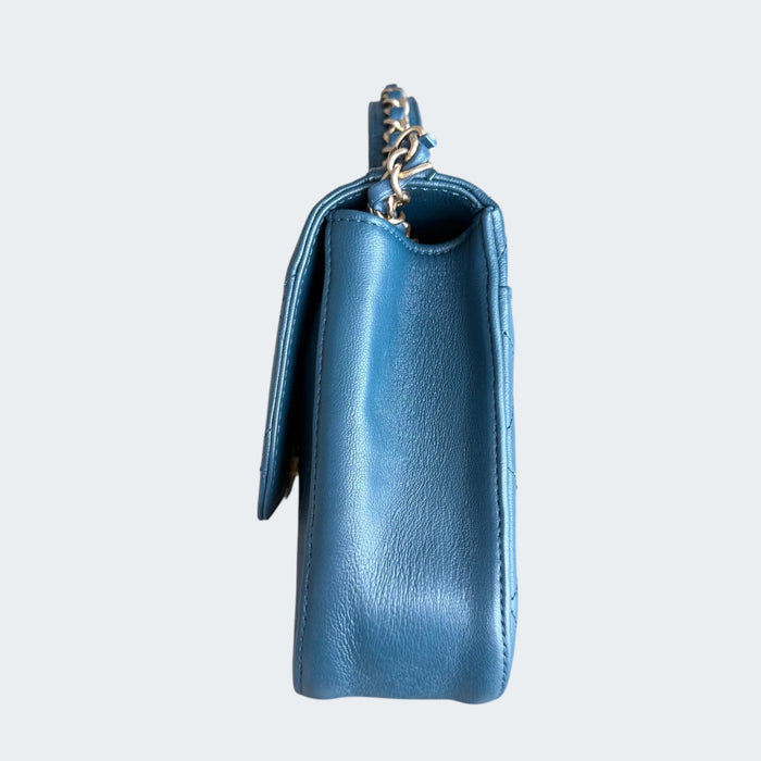 Chanel C19 flap top handle quilted lambskin GHW- Blue