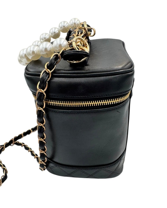 Chanel Vintage Chanel Vanity Bag Black Leather with Chain & Pearl Strap