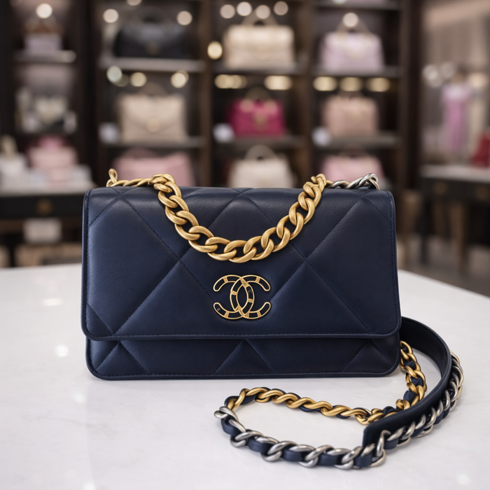 Chanel 19 Wallet on Chain WOC Navy Quilted Leather Crossbody Bag