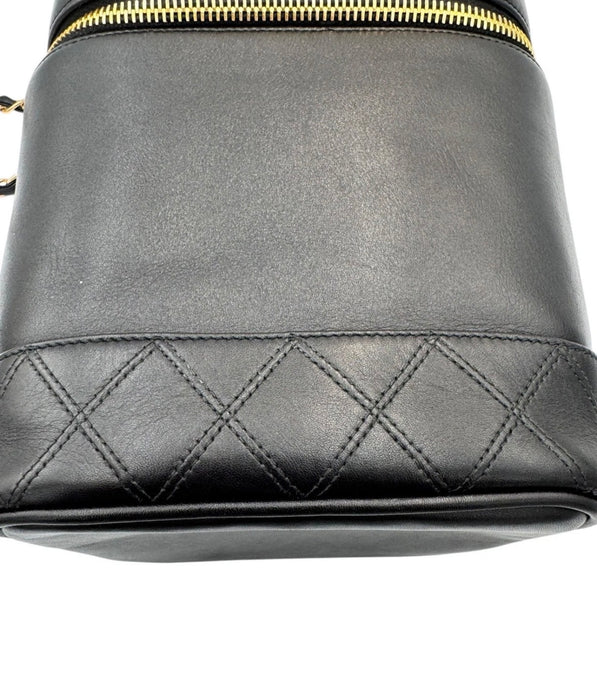 Chanel Vintage Chanel Vanity Bag Black Leather with Chain & Pearl Strap