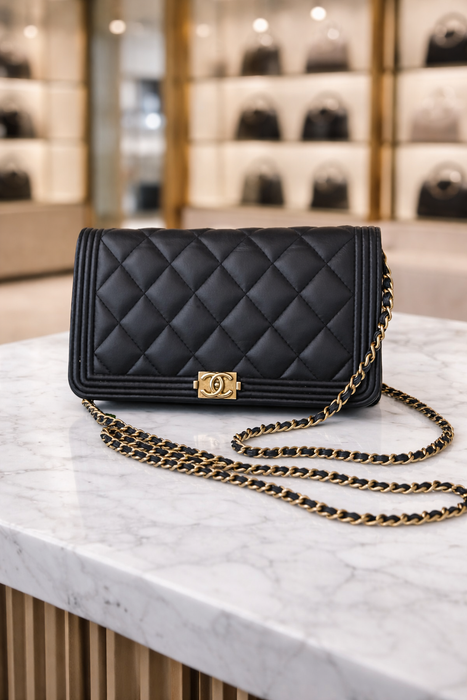 CHANEL Boy Wallet on Chain WOC Black Lambskin Gold Hardware (GHW) Crossbody