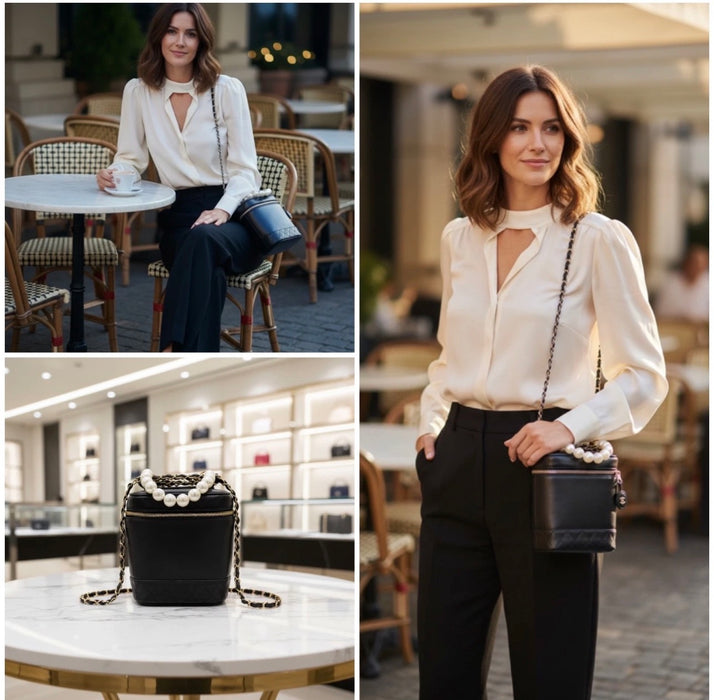 Chanel Vintage Chanel Vanity Bag Black Leather with Chain & Pearl Strap