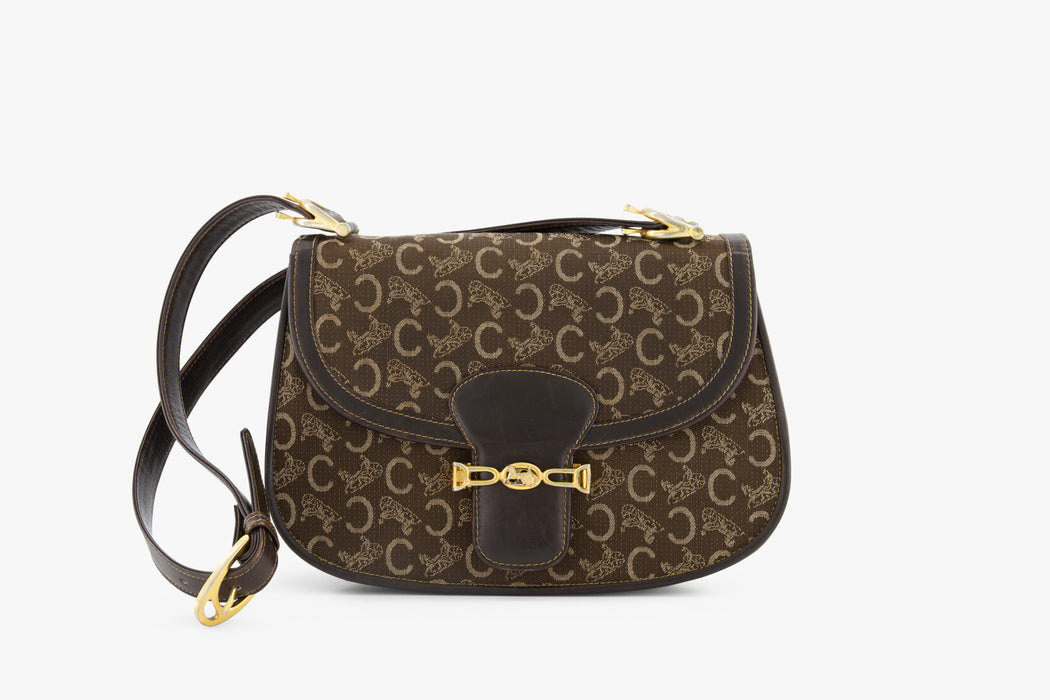 Celine Vintage Two-Tone Horse Carriage macadam shoulder bag- Brown
