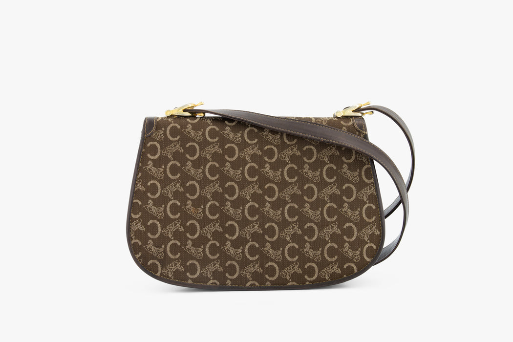 Celine Vintage Two-Tone Horse Carriage macadam shoulder bag- Brown