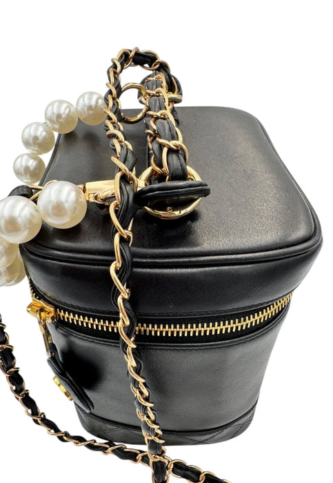 Chanel Vintage Chanel Vanity Bag Black Leather with Chain & Pearl Strap