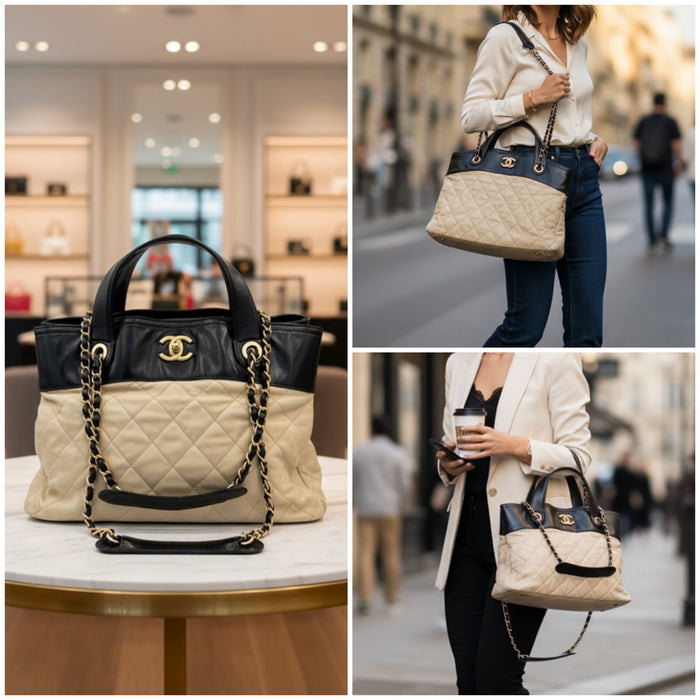 Chanel In The Mix Shopping Tote Beige & Black Quilted Leather Bag