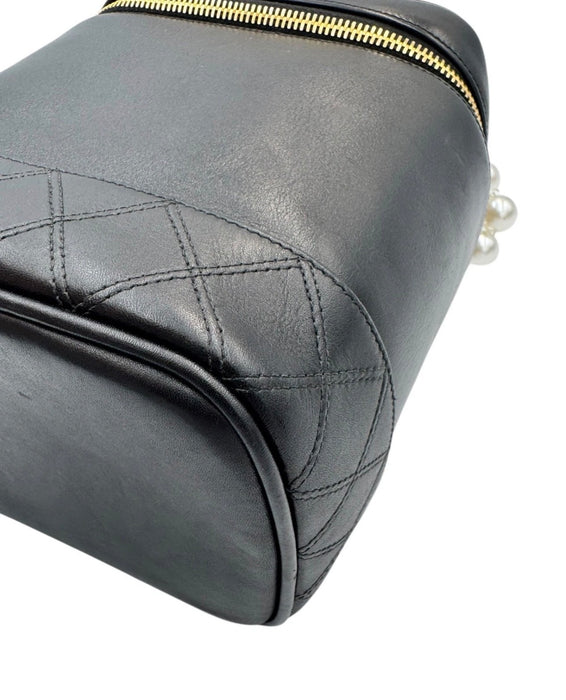 Chanel Vintage Chanel Vanity Bag Black Leather with Chain & Pearl Strap
