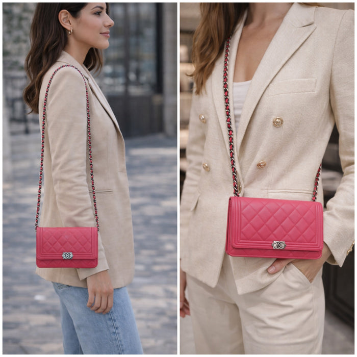 CHANEL Boy Wallet on Chain Pink Quilted Lambskin
