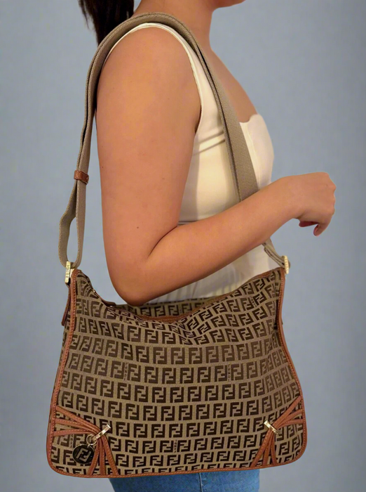 Fendi Zucchino Canvas Triple Stand Messenger Bag- Brown