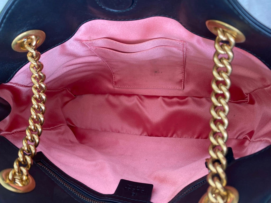 Gucci GG Marmont Chevron Shoulder Bag Black & White Leather | Gold Chain Strap