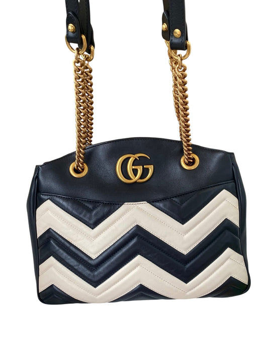 Gucci GG Marmont Chevron Shoulder Bag Black & White Leather | Gold Chain Strap