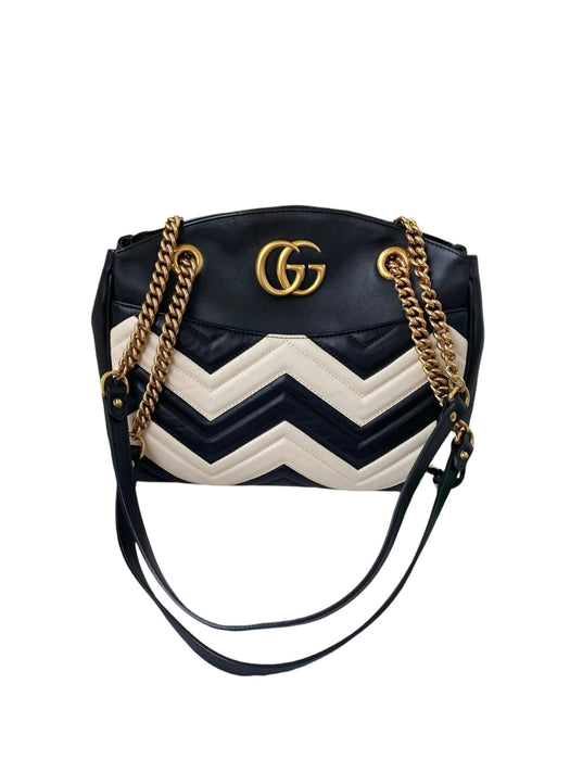 Gucci GG Marmont Chevron Shoulder Bag Black & White Leather | Gold Chain Strap