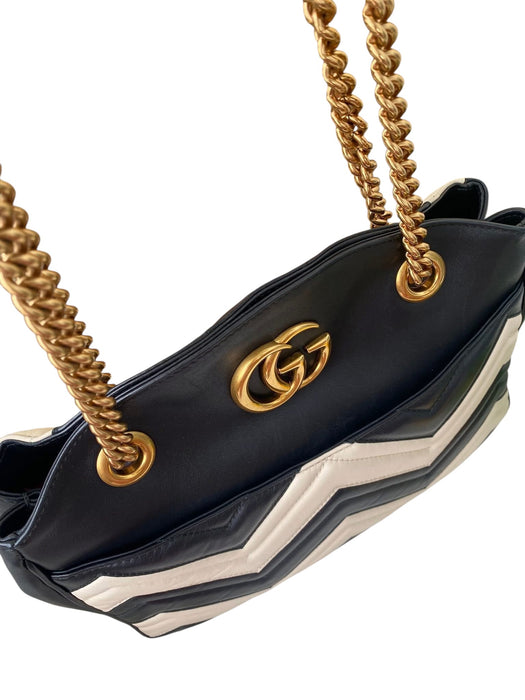 Gucci GG Marmont Chevron Shoulder Bag Black & White Leather | Gold Chain Strap