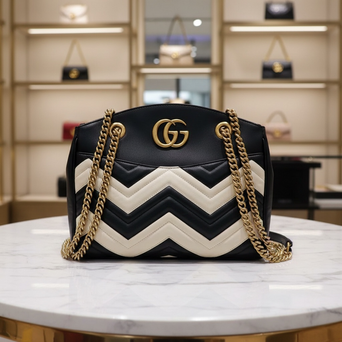 Gucci GG Marmont Chevron Shoulder Bag Black & White Leather | Gold Chain Strap