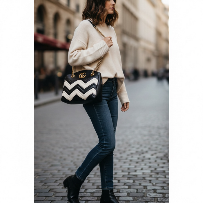 Gucci GG Marmont Chevron Shoulder Bag Black & White Leather | Gold Chain Strap