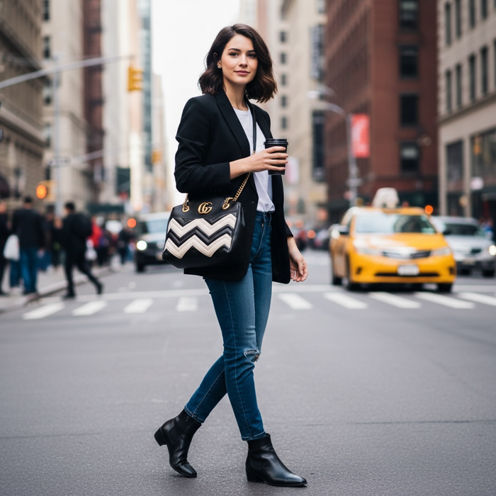 Gucci GG Marmont Chevron Shoulder Bag Black & White Leather | Gold Chain Strap