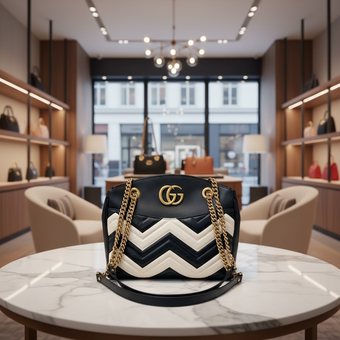 Gucci GG Marmont Chevron Shoulder Bag Black & White Leather | Gold Chain Strap
