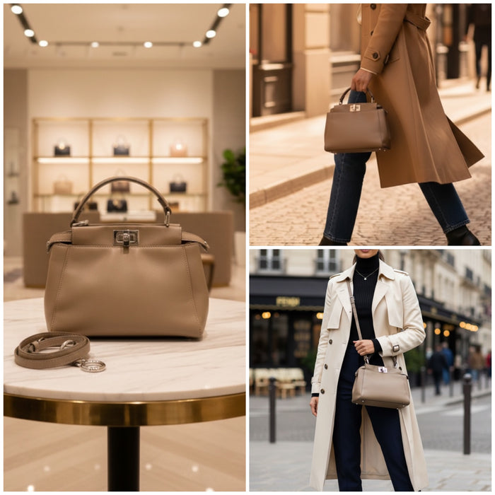 Fendi Peekaboo Mini Nappa Taupe Leather Bag | Crossbody & Top Handle