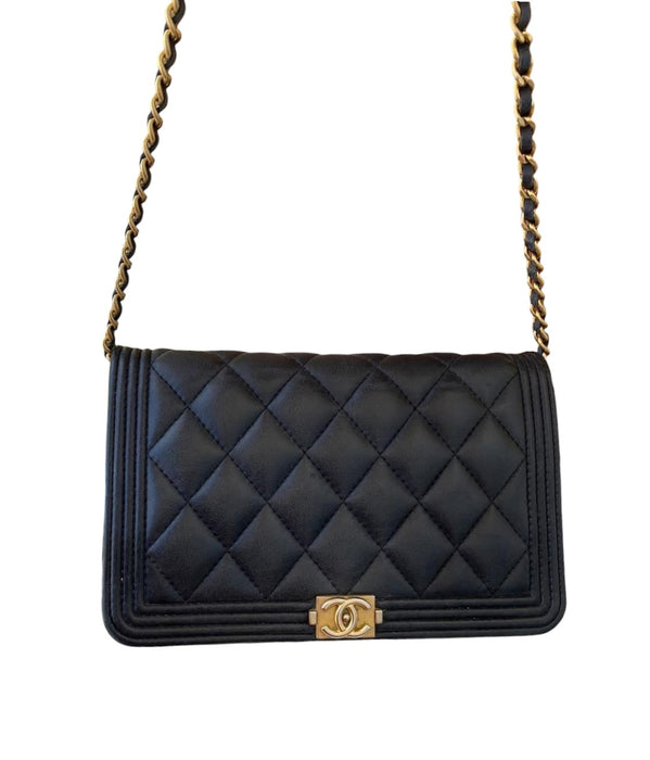 CHANEL Boy Wallet on Chain WOC Black Lambskin Gold Hardware (GHW) Crossbody