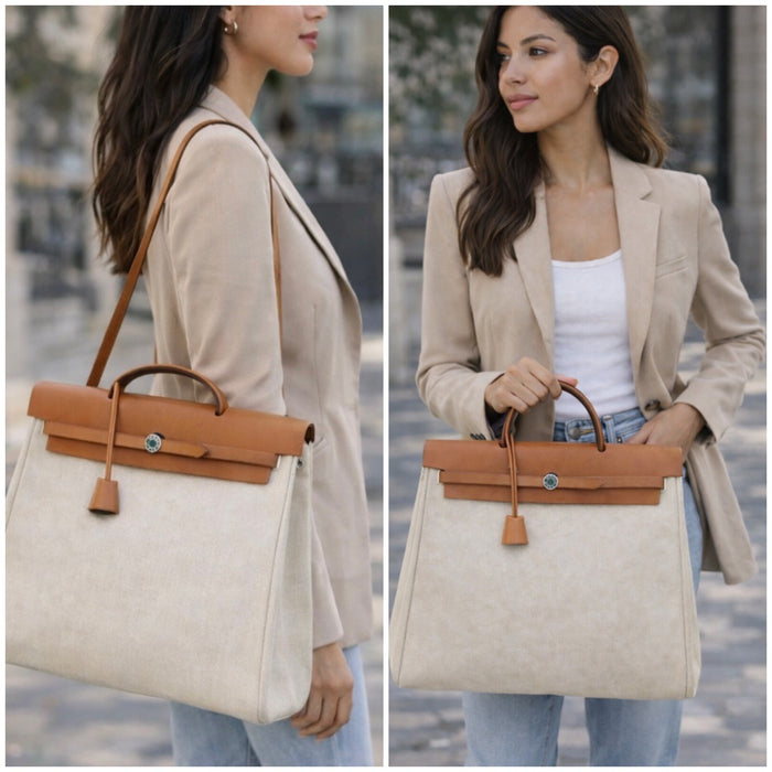 Hermès Herbag 39 Toile & Leather Shoulder Handbag – Beige / Brown