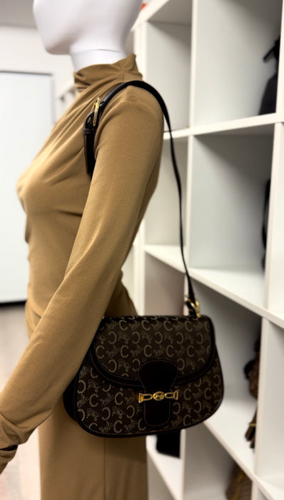 Celine Vintage Two-Tone Horse Carriage macadam shoulder bag- Brown