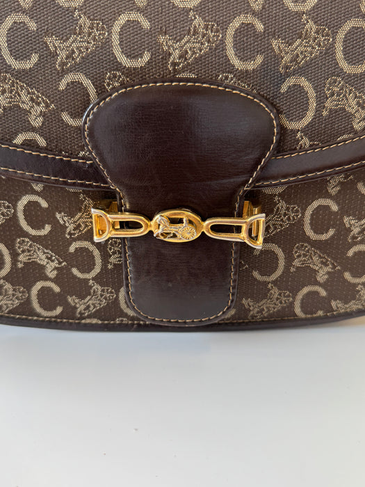 Celine Vintage Two-Tone Horse Carriage macadam shoulder bag- Brown