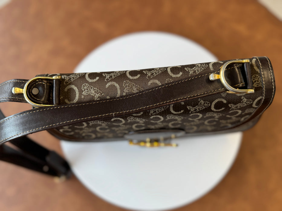 Celine Vintage Two-Tone Horse Carriage macadam shoulder bag- Brown