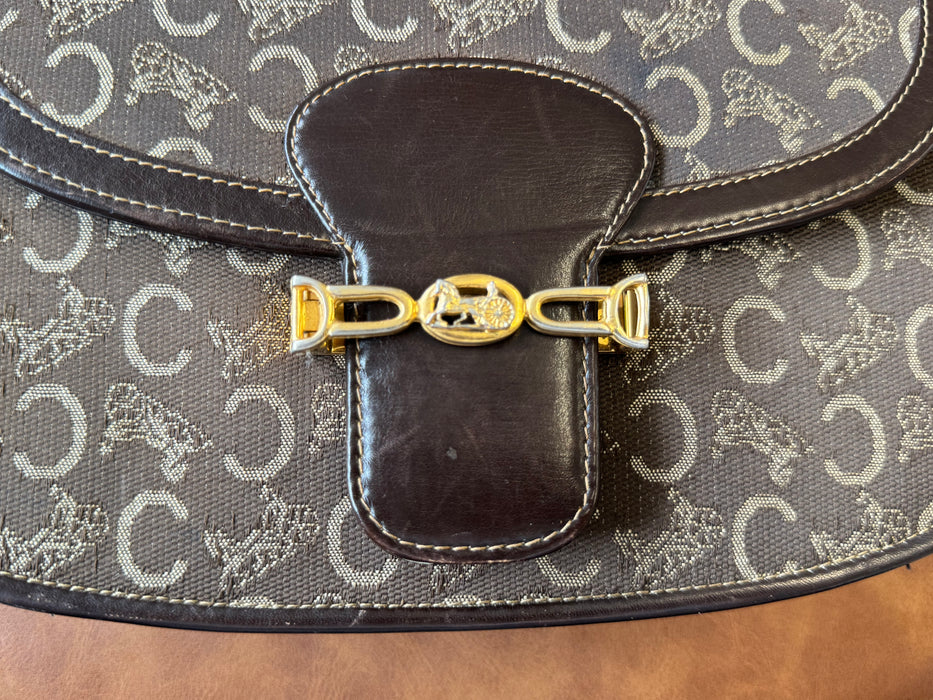 Celine Vintage Two-Tone Horse Carriage macadam shoulder bag- Brown