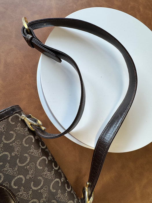Celine Vintage Two-Tone Horse Carriage macadam shoulder bag- Brown
