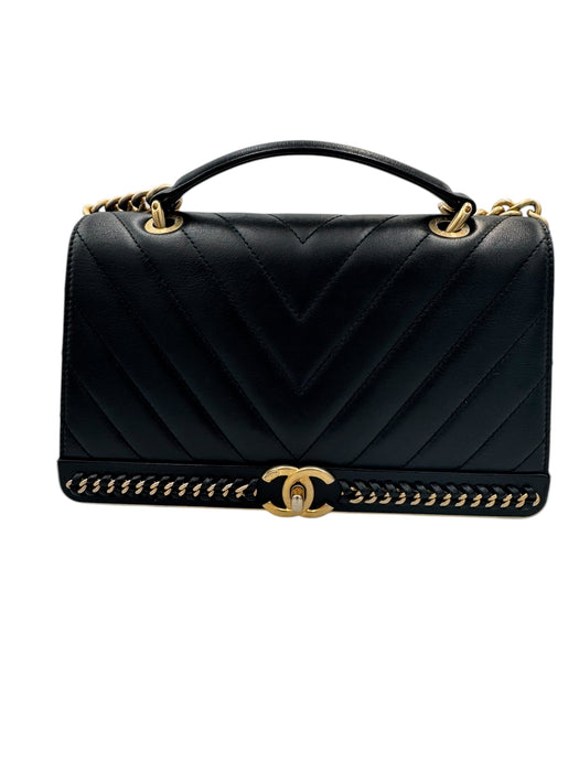 Chanel Black Chevron Stitched Chain Top Handle Bag