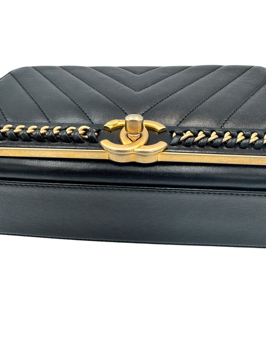 Chanel Black Chevron Stitched Chain Top Handle Bag