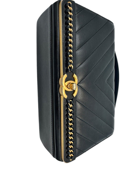 Chanel Black Chevron Stitched Chain Top Handle Bag