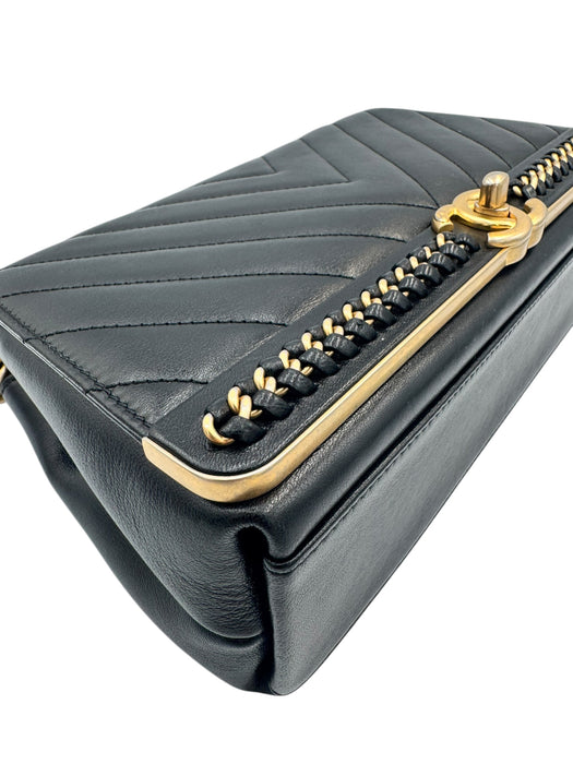 Chanel Black Chevron Stitched Chain Top Handle Bag