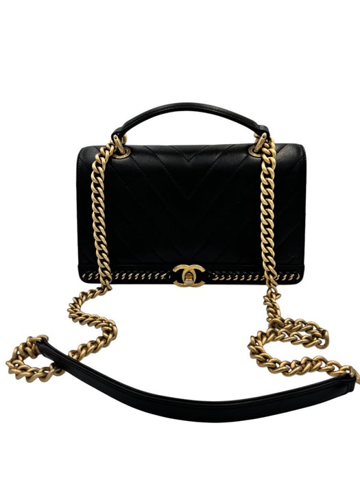 Chanel Black Chevron Stitched Chain Top Handle Bag